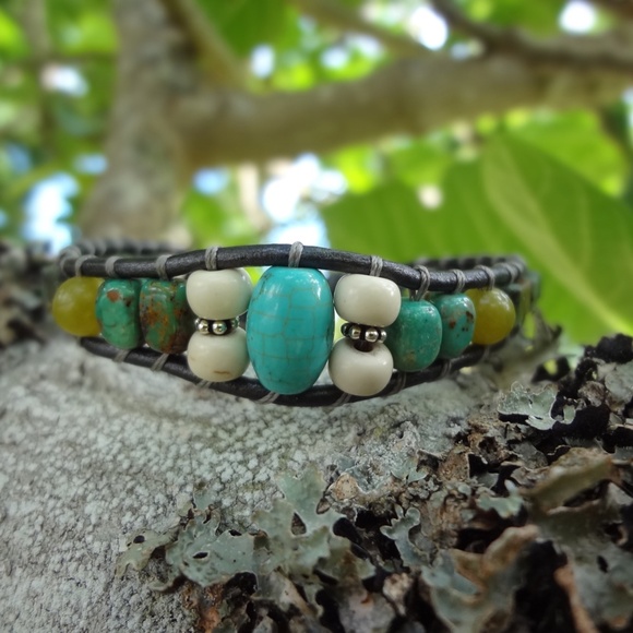 Gray Leather Wrap Bracelet w/Turquoise, Olive Jade & Sterling Silver -UNISEX - Picture 9 of 10